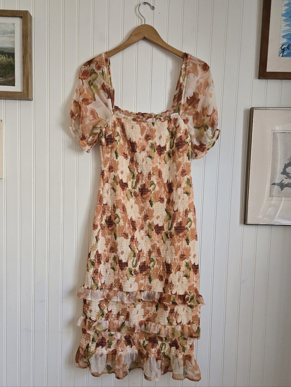 Abercrombie & Fitch Peach Floral Puff-Sleeve Midi Dress
